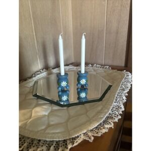 Vintage Blue Daisy Folk Art Candle‎ Holder Set of 2 Hand Painted From Sweden